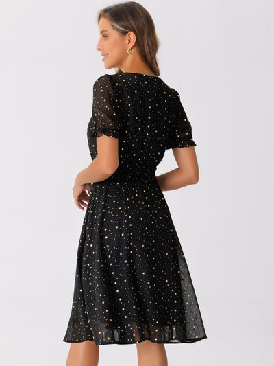 Square Neck Metallic Stars Ruffle Short Sleeve A-Line Smocked Waist Midi Dress