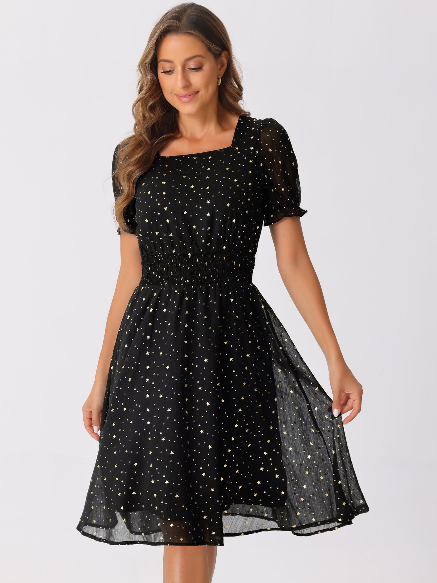 Allegra K Square Neck Metallic Stars Ruffle Short Sleeve A-Line Smocked Waist Midi Dress