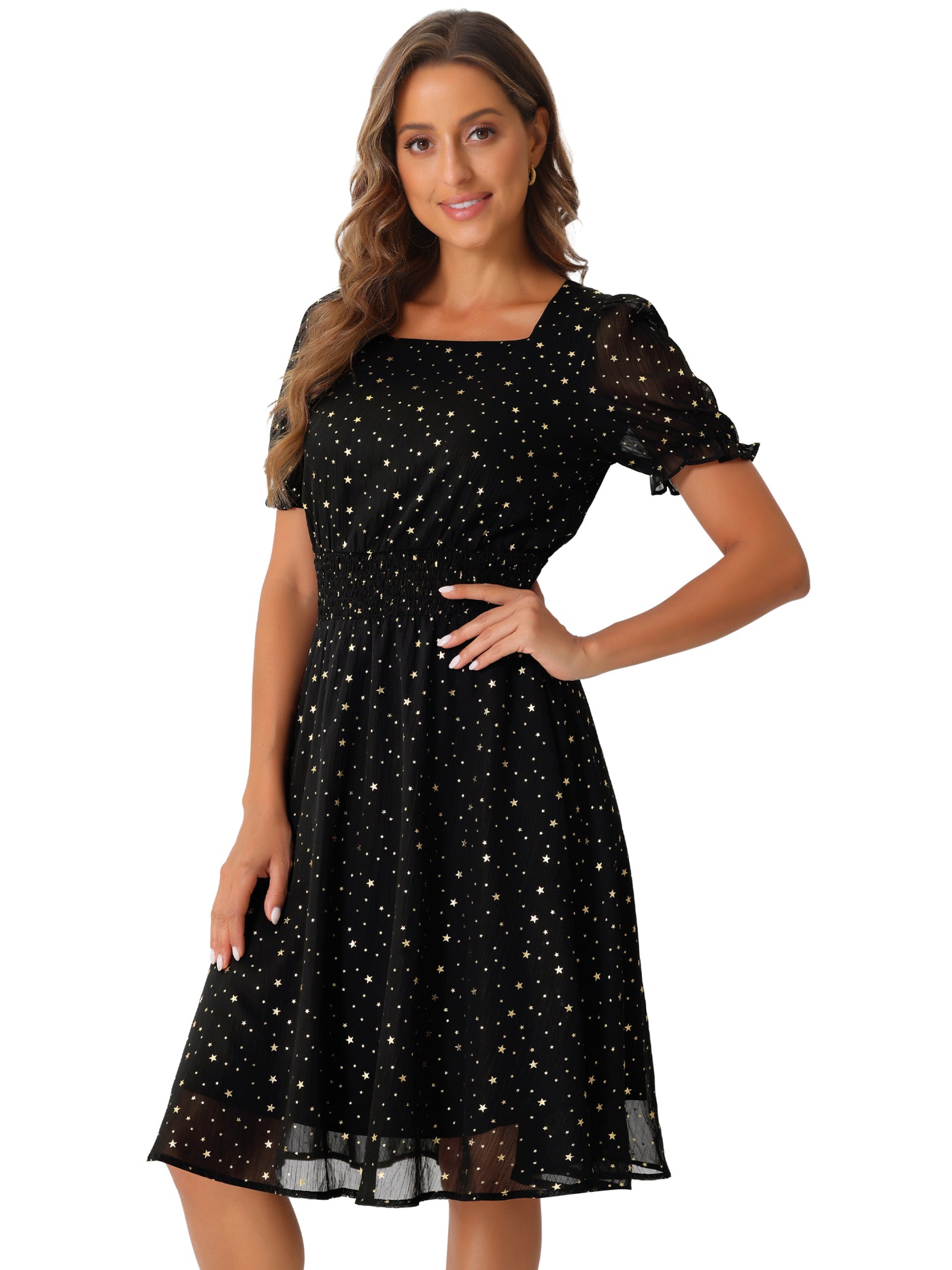 Allegra K Square Neck Metallic Stars Ruffle Short Sleeve A-Line Smocked Waist Midi Dress