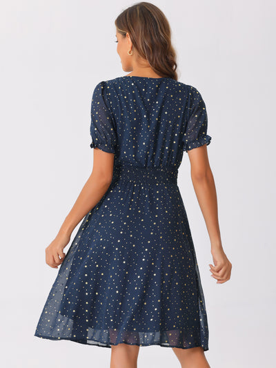 Square Neck Metallic Stars Ruffle Short Sleeve A-Line Smocked Waist Midi Dress