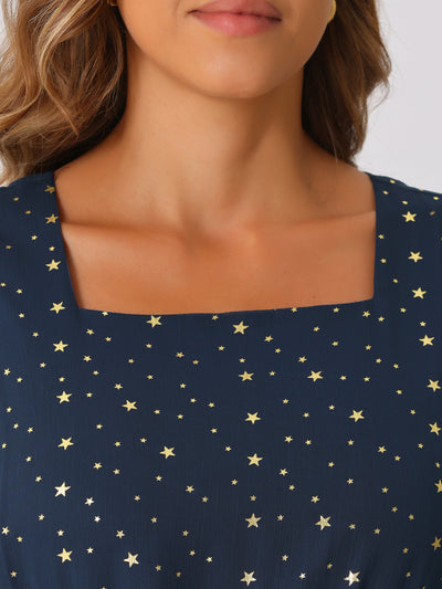 Square Neck Metallic Stars Ruffle Short Sleeve A-Line Smocked Waist Midi Dress