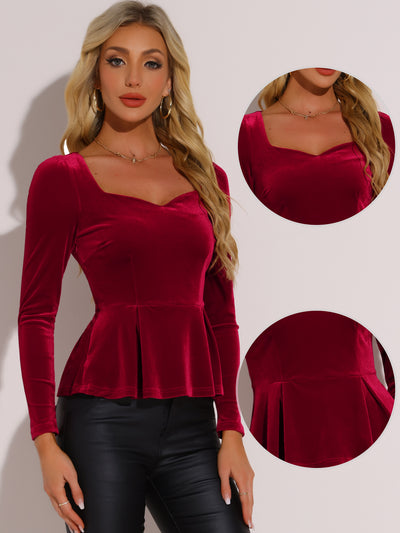 Velvet Blouse Elegant Sweetheart Neck Long Sleeve Peplum Top