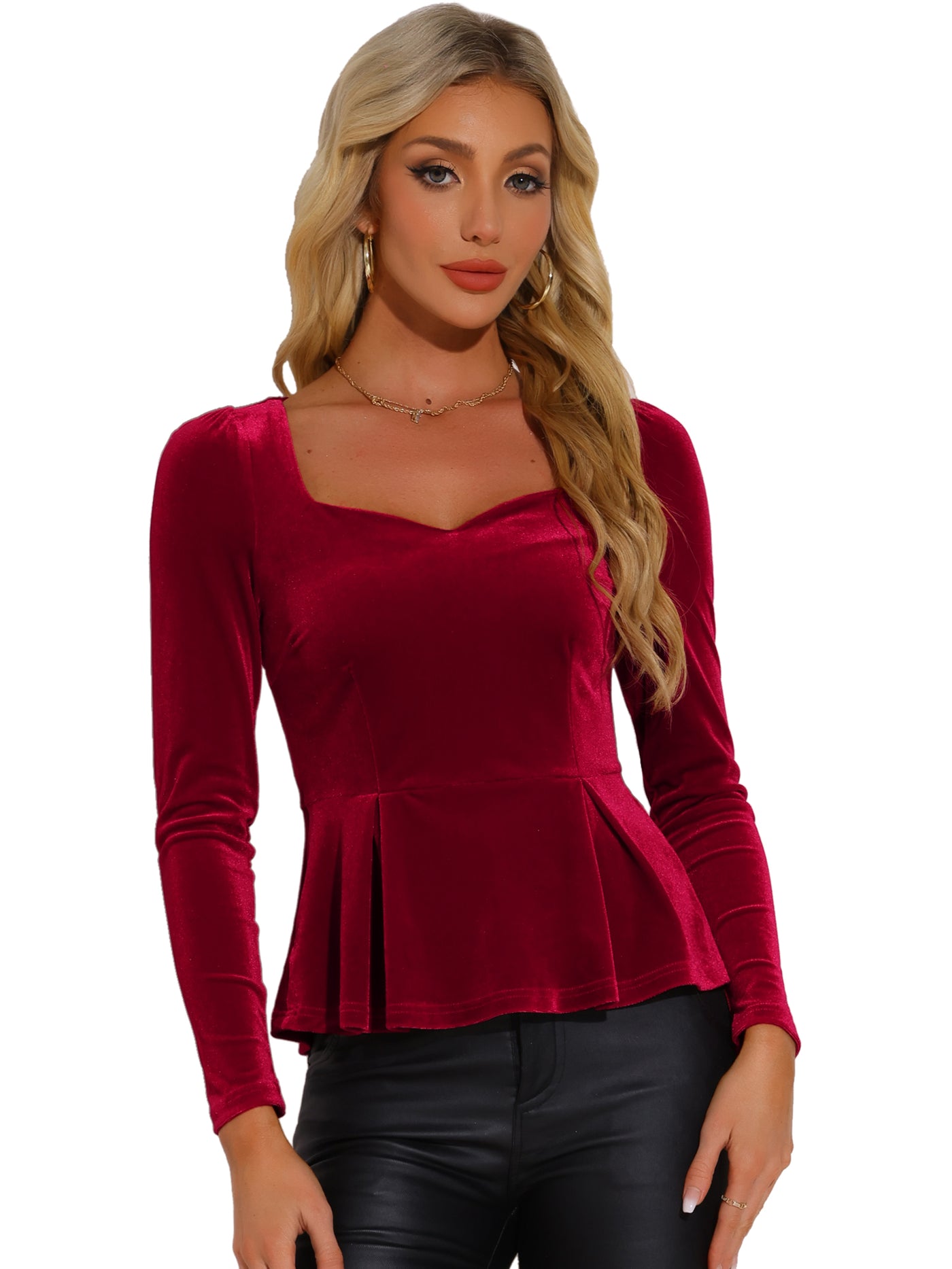 Allegra K Velvet Blouse Elegant Sweetheart Neck Long Sleeve Peplum Top