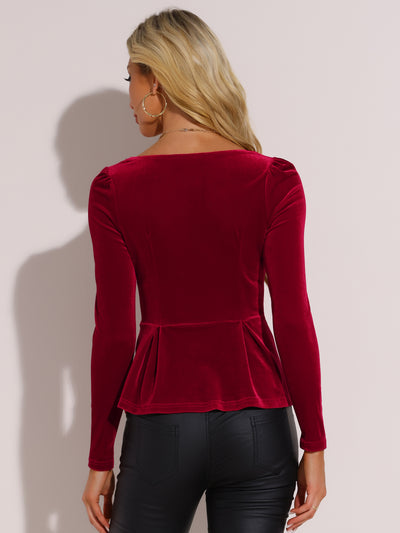 Velvet Blouse Elegant Sweetheart Neck Long Sleeve Peplum Top