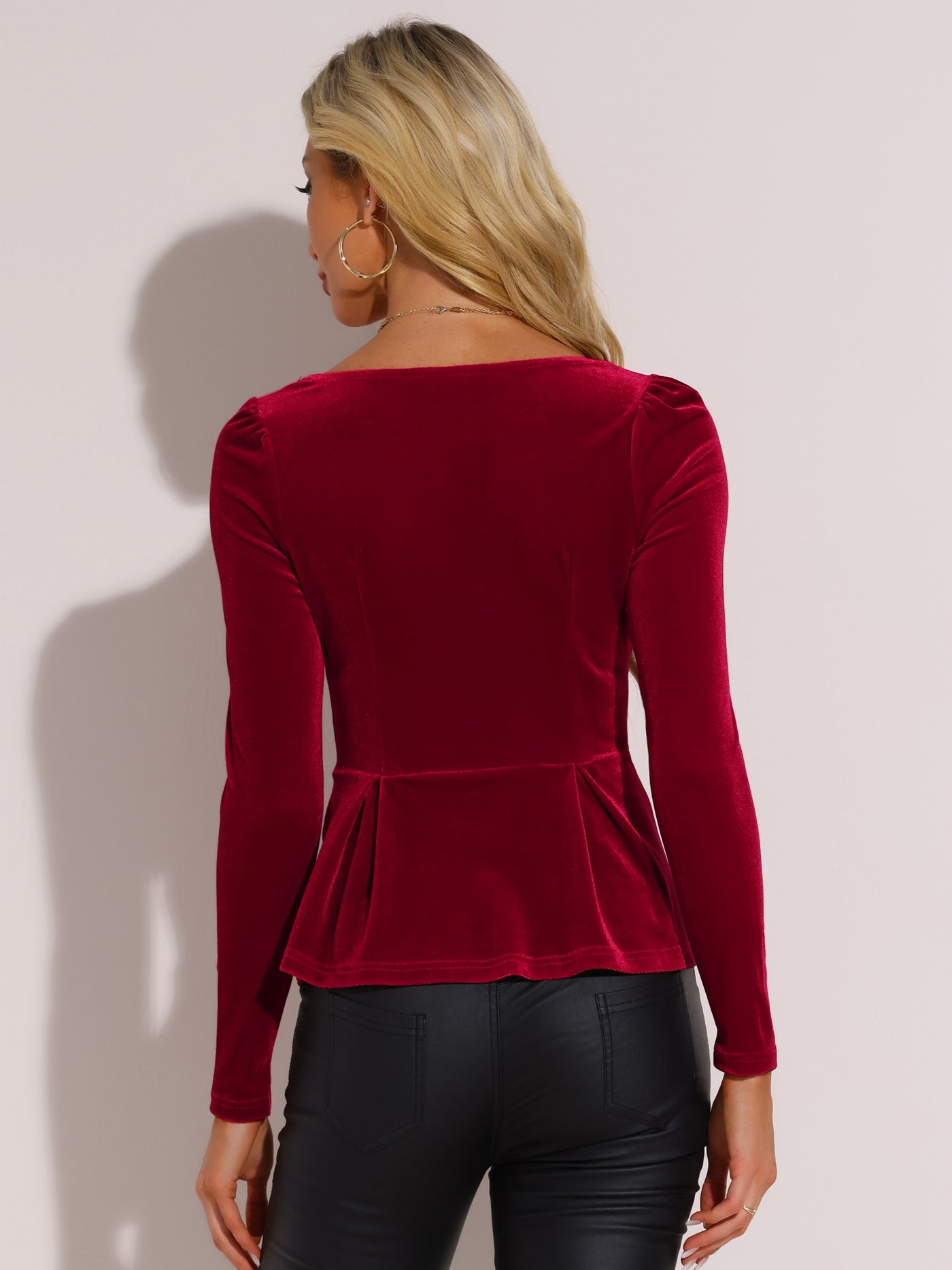 Allegra K Velvet Blouse Elegant Sweetheart Neck Long Sleeve Peplum Top