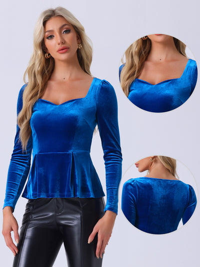 Velvet Blouse Elegant Sweetheart Neck Long Sleeve Peplum Top