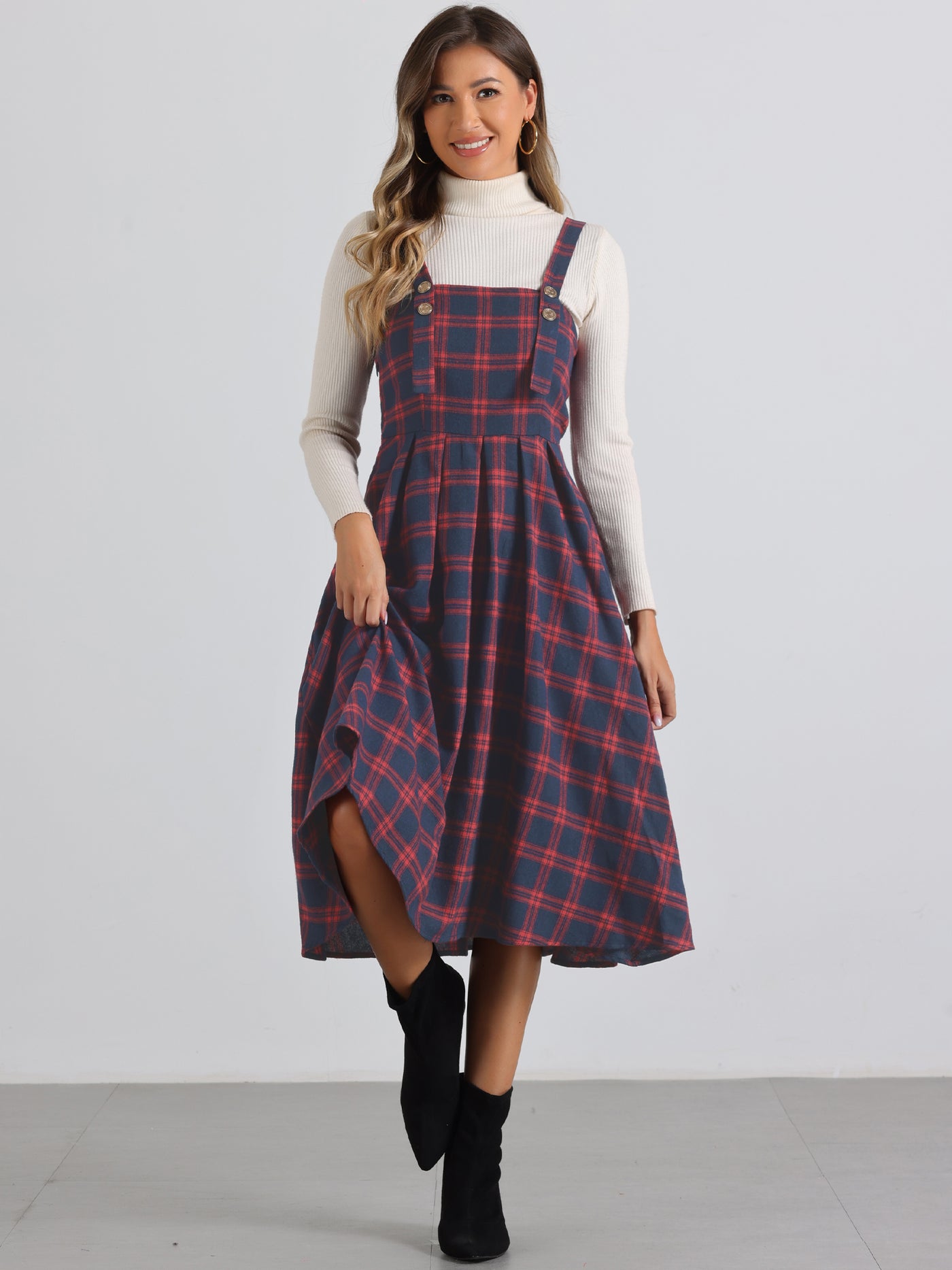 Allegra K Plaid Overalls Sleeveless Suspender A-Line Pinafore Dress