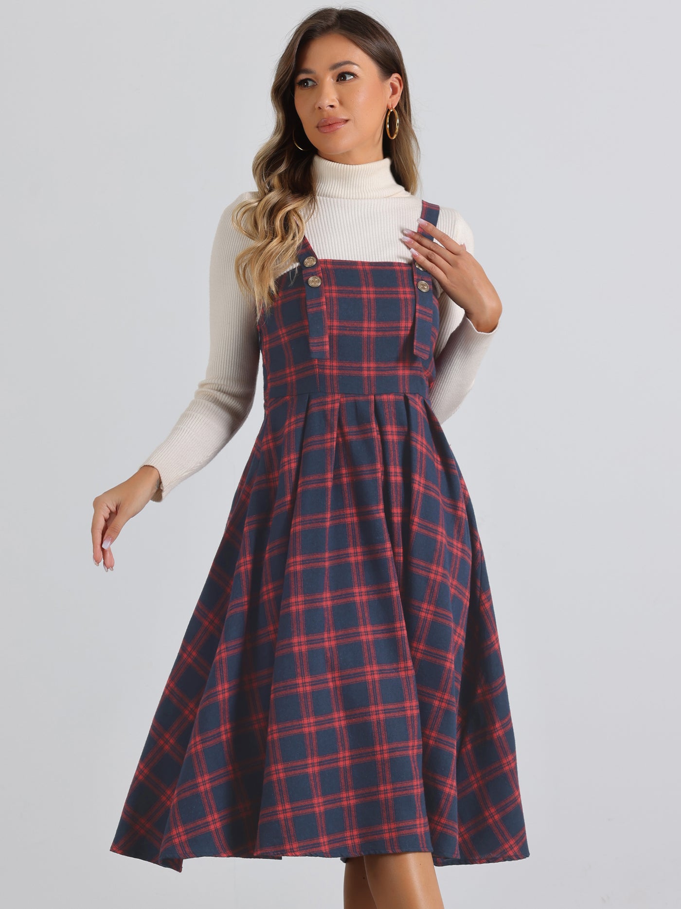 Allegra K Plaid Overalls Sleeveless Suspender A-Line Pinafore Dress