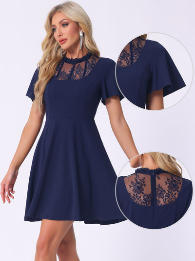 Flutter Sleeve Lace Mesh Hight Neck Casual Midi Dress