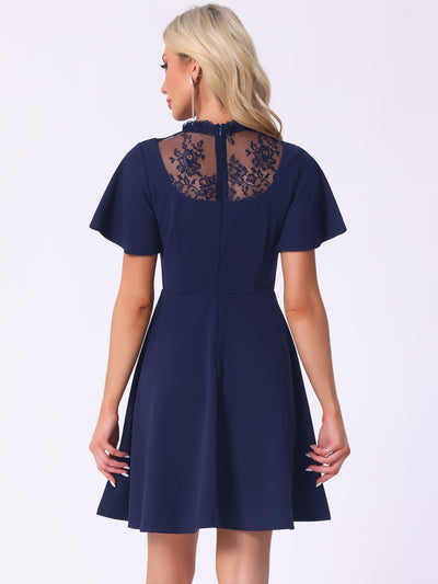 Flutter Sleeve Lace Mesh Hight Neck Casual Midi Dress