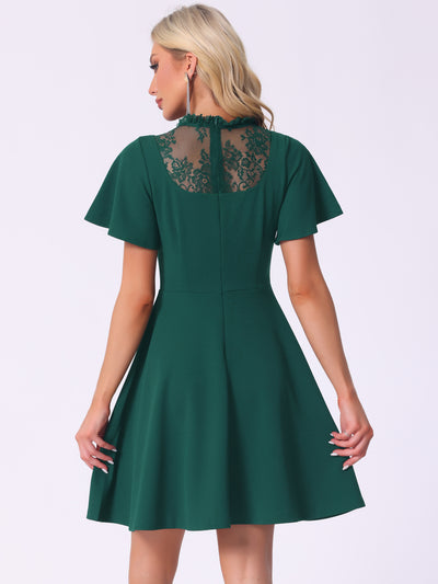 Flutter Sleeve Lace Mesh Hight Neck Casual Midi Dress