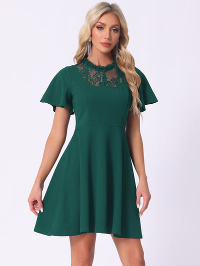 Flutter Sleeve Lace Mesh Hight Neck Casual Midi Dress