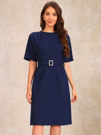 Short Sleeves Crew Neck Belted A-Line Midi Dress