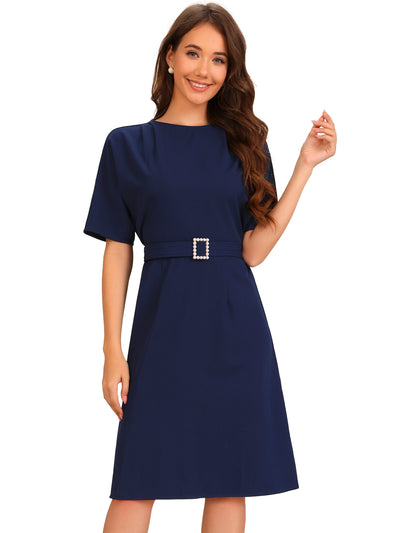 Short Sleeves Crew Neck Belted A-Line Midi Dress