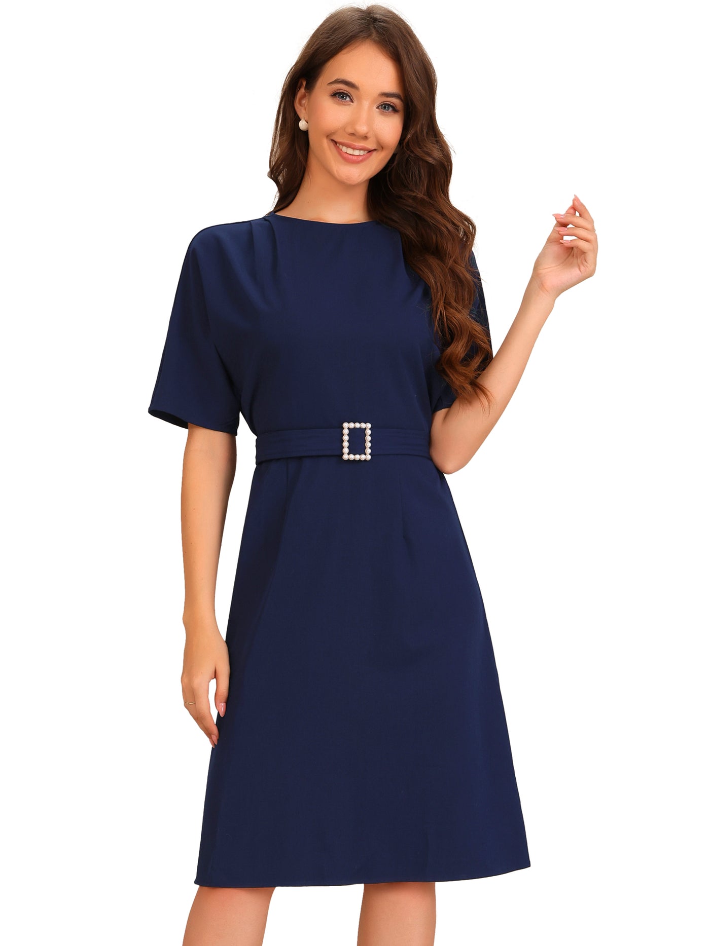 Allegra K Short Sleeves Crew Neck Belted A-Line Midi Dress