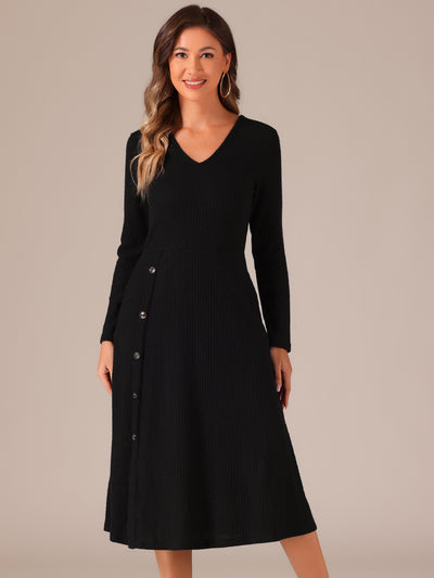 Long Sleeve Button Decor Pockets A-Line Midi Knit Sweater Dress