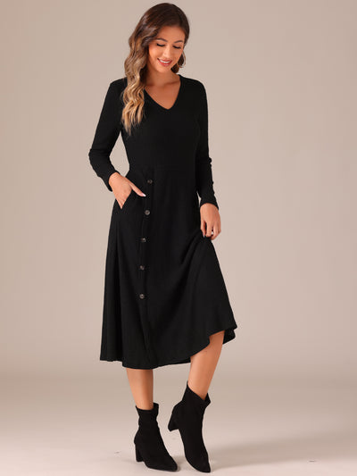 Long Sleeve Button Decor Pockets A-Line Midi Knit Sweater Dress