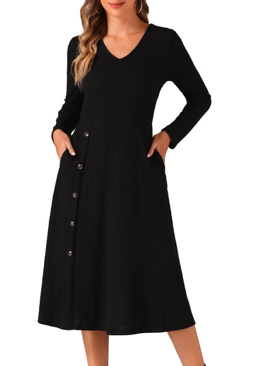 Long Sleeve Button Decor Pockets A-Line Midi Knit Sweater Dress