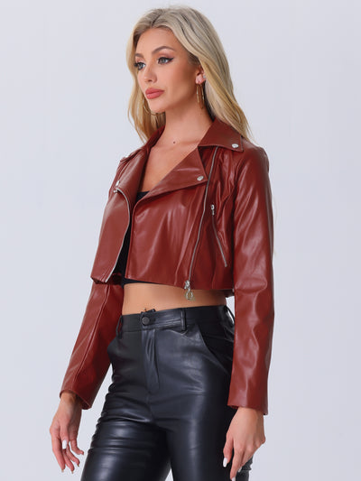 Faux Leather Long Sleeve Zipper Up Moto Cropped Jacket