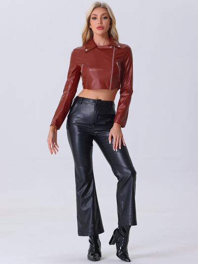 Faux Leather Long Sleeve Zipper Up Moto Cropped Jacket