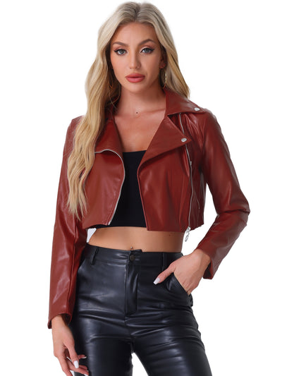 Faux Leather Long Sleeve Zipper Up Moto Cropped Jacket