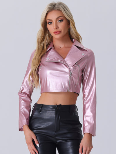 Faux Leather Long Sleeve Zipper Up Moto Cropped Jacket