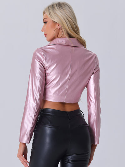 Faux Leather Long Sleeve Zipper Up Moto Cropped Jacket