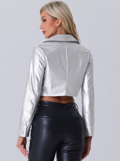 Faux Leather Long Sleeve Zipper Up Moto Cropped Jacket