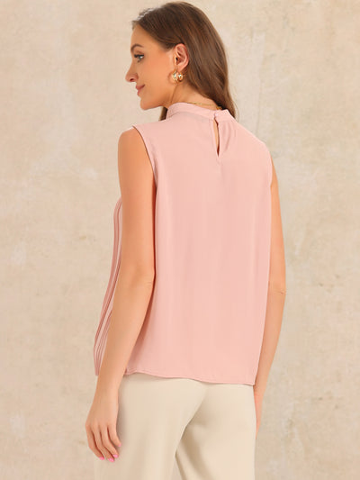 Chiffon Sleeveless Pleated Mock Neck Business Casual Blouse