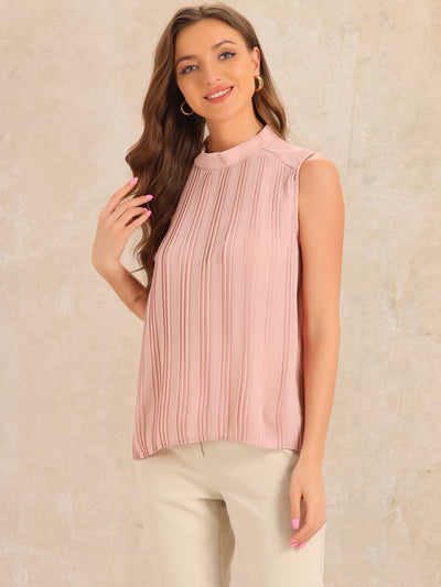 Chiffon Sleeveless Pleated Mock Neck Business Casual Blouse