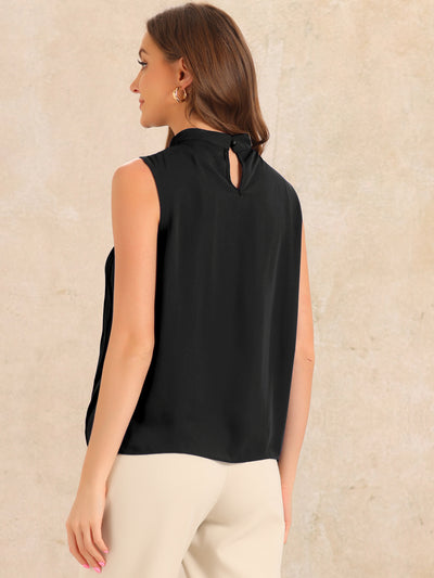 Chiffon Sleeveless Pleated Mock Neck Business Casual Blouse