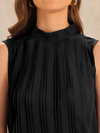 Chiffon Sleeveless Pleated Mock Neck Business Casual Blouse