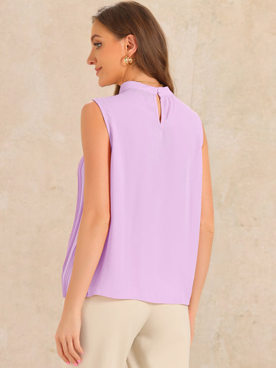 Chiffon Sleeveless Pleated Mock Neck Business Casual Blouse