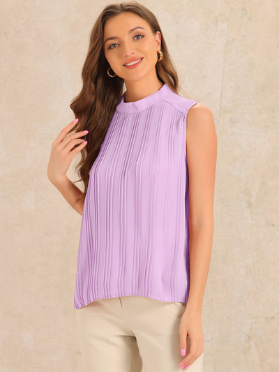 Chiffon Sleeveless Pleated Mock Neck Business Casual Blouse