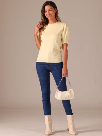 Crew Neck Lantern Short Sleeve Casual Ribbed Knit Top Blouse