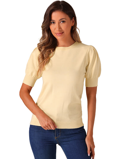 Crew Neck Lantern Short Sleeve Casual Ribbed Knit Top Blouse