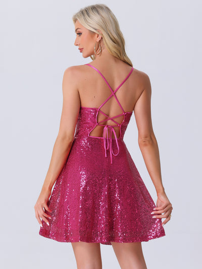 Glitter Sequin Spaghetti Strap Tie Back Backless Mini Party Dress