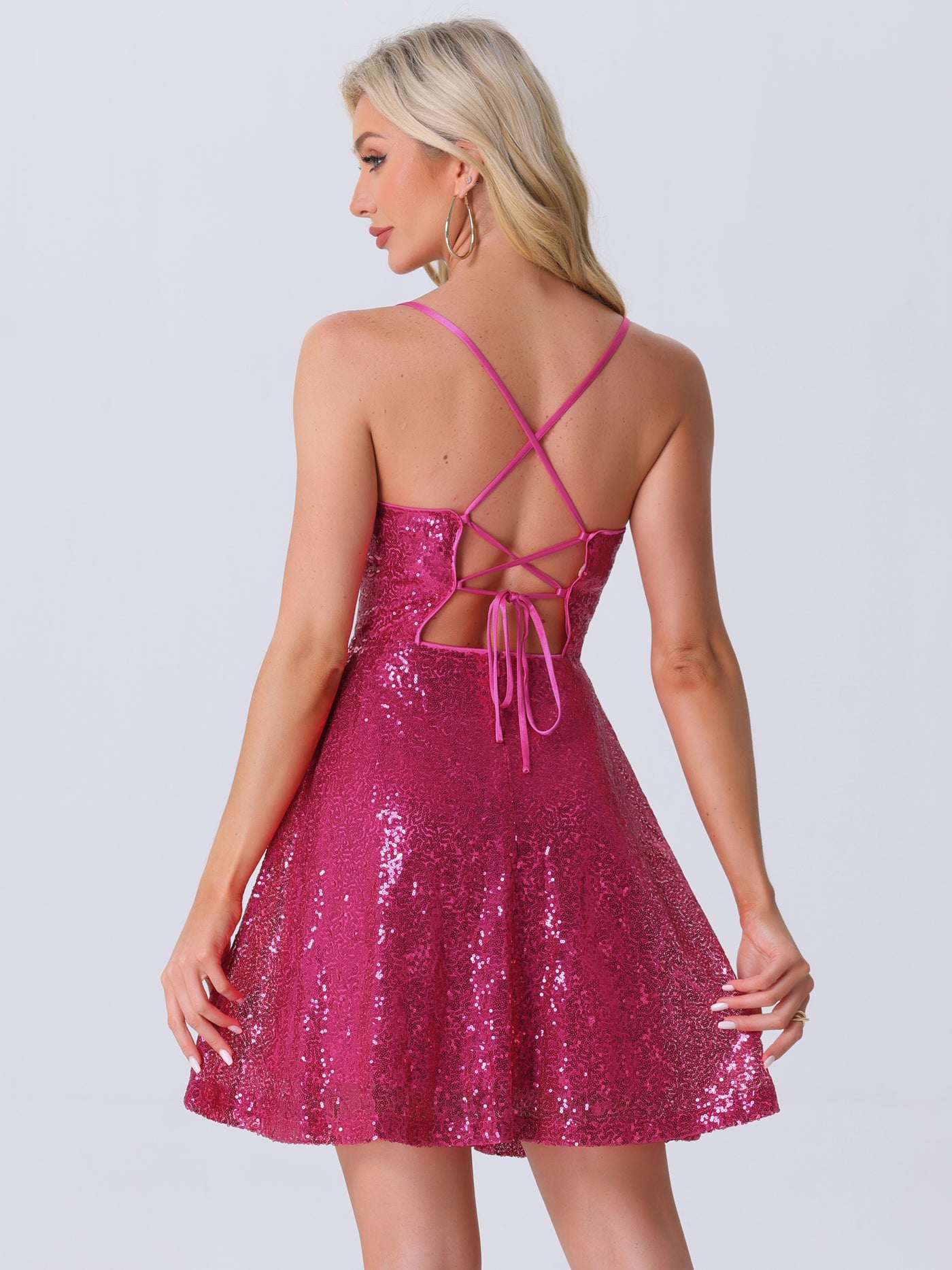 Allegra K Glitter Sequin Spaghetti Strap Tie Back Backless Mini Party Dress