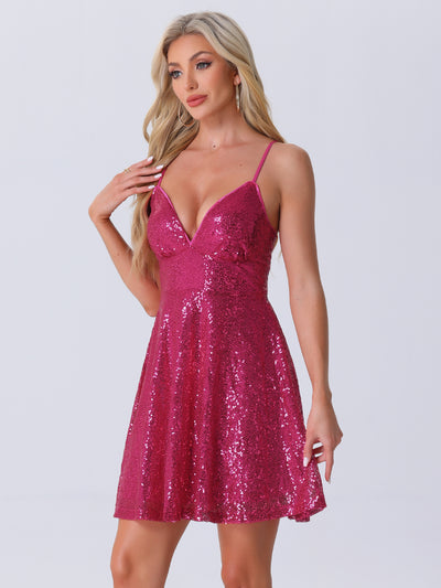 Glitter Sequin Spaghetti Strap Tie Back Backless Mini Party Dress