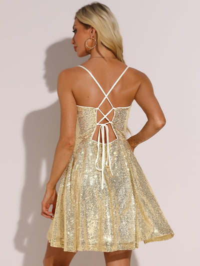 Glitter Sequin Spaghetti Strap Tie Back Backless Mini Party Dress