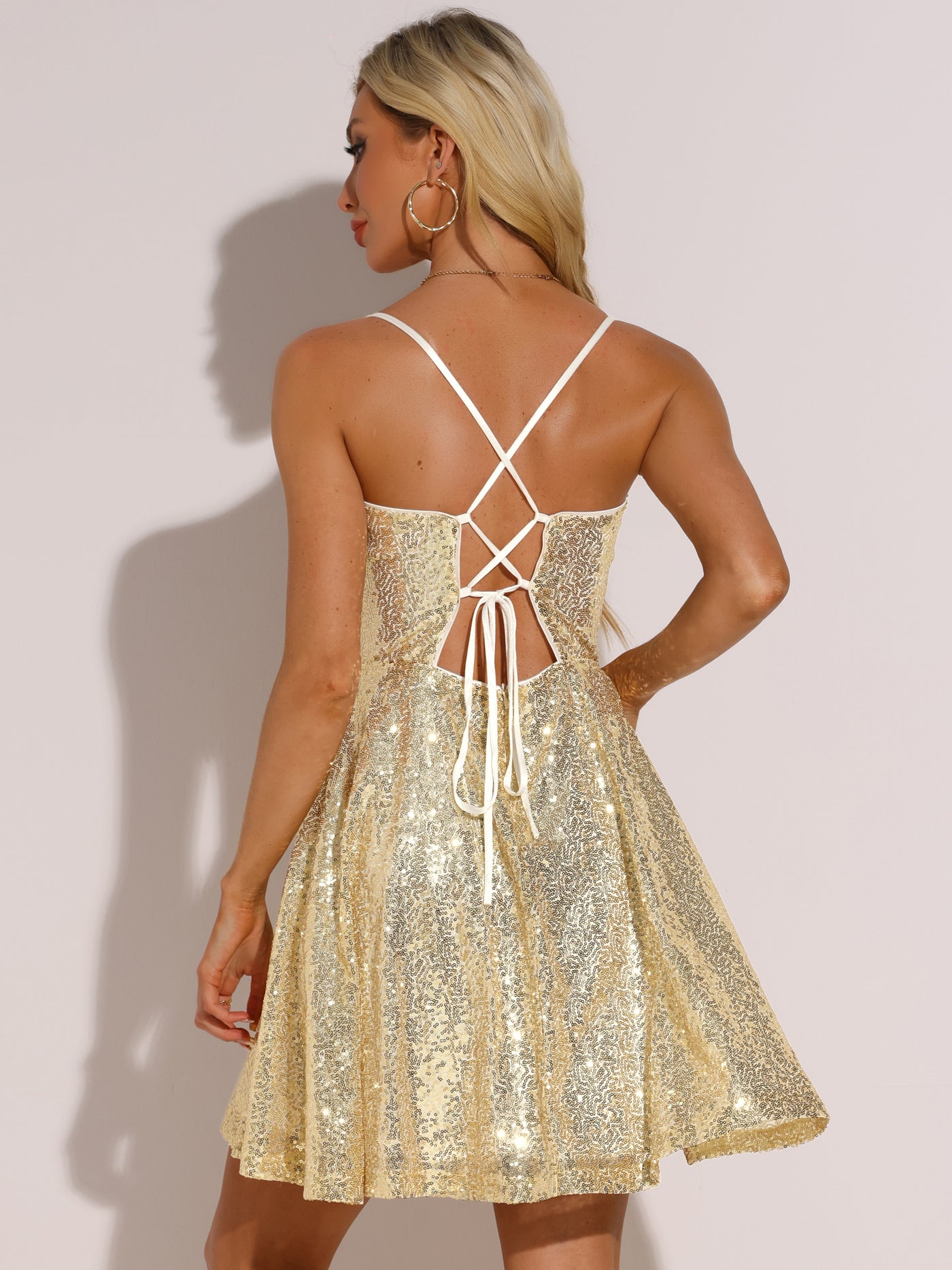 Allegra K Glitter Sequin Spaghetti Strap Tie Back Backless Mini Party Dress