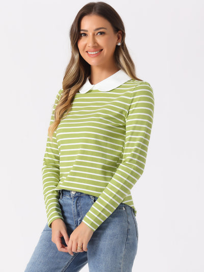 Contrast Collar Long Sleeve Peter Pan Collar Striped Blouse