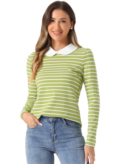 Contrast Collar Long Sleeve Peter Pan Collar Striped Blouse