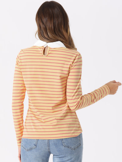 Contrast Collar Long Sleeve Peter Pan Collar Striped Blouse