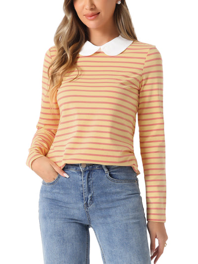 Contrast Collar Long Sleeve Peter Pan Collar Striped Blouse