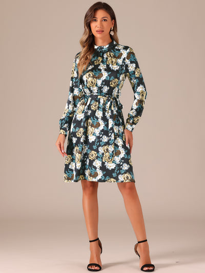 Mock Neck Swing Knee Length Long Sleeve A-line Floral Dress