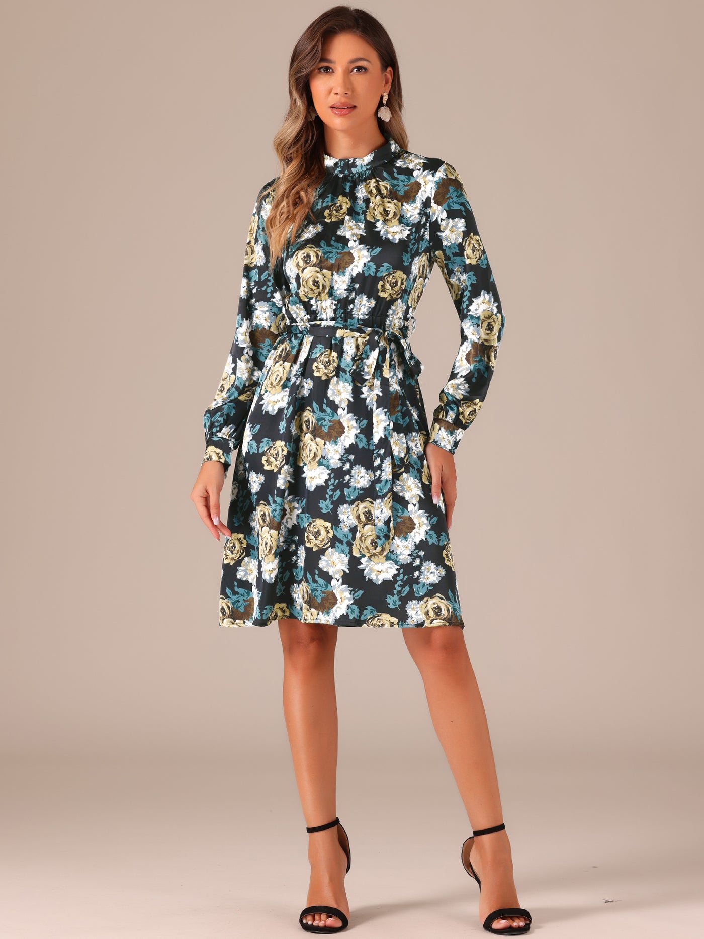 Allegra K Mock Neck Swing Knee Length Long Sleeve A-line Floral Dress