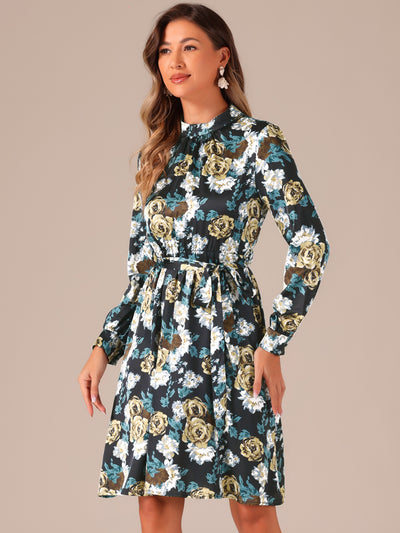 Mock Neck Swing Knee Length Long Sleeve A-line Floral Dress