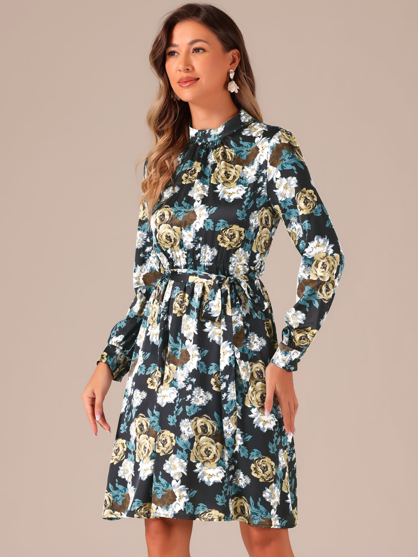 Allegra K Mock Neck Swing Knee Length Long Sleeve A-line Floral Dress