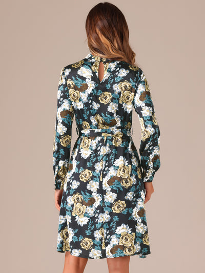 Mock Neck Swing Knee Length Long Sleeve A-line Floral Dress